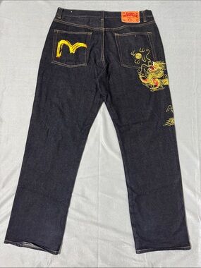 Evisu Dragon Embroidered Y2K Vintage Button Fly Denim Jeans Pants Mens 36